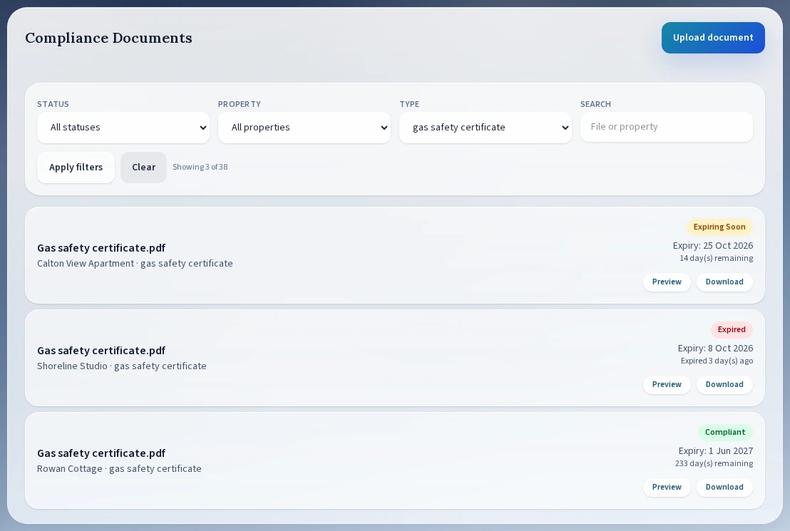 LevyTrack compliance document register with property filters, expiry dates, and status labels.
